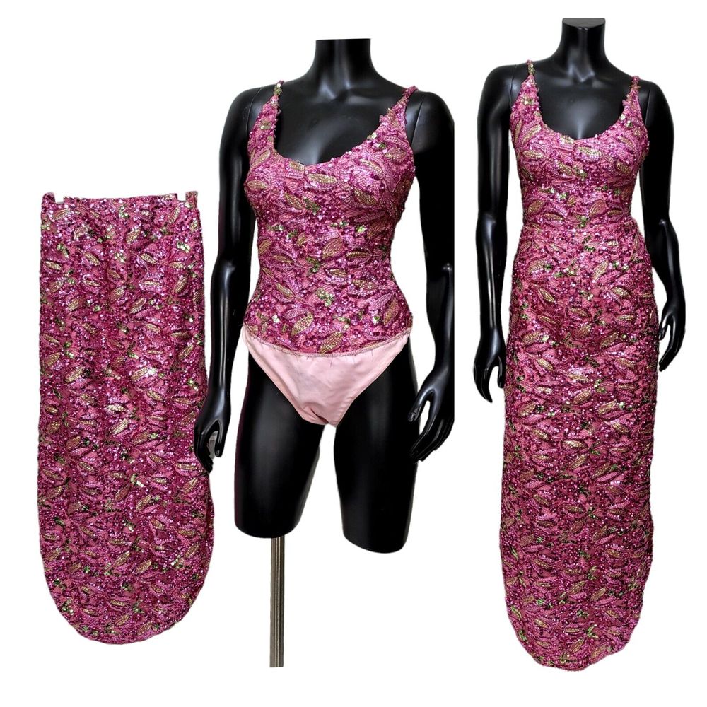 Vintage Pink Sequin Cabaret Bordello Showgirl Burlesque Costume Bodysuit Skirt